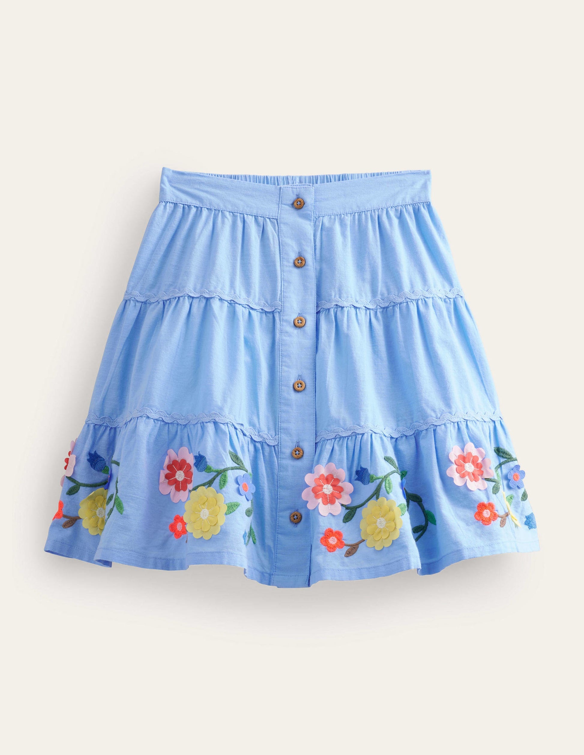 Midirock mit besticktem Saum-Himmelblau, Blumen-1