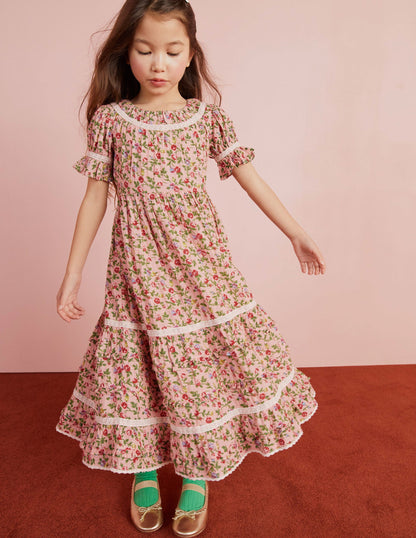 Printed Lace Trim Party Dress-Rambling Rose Pink