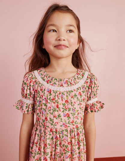 Printed Lace Trim Party Dress-Rambling Rose Pink