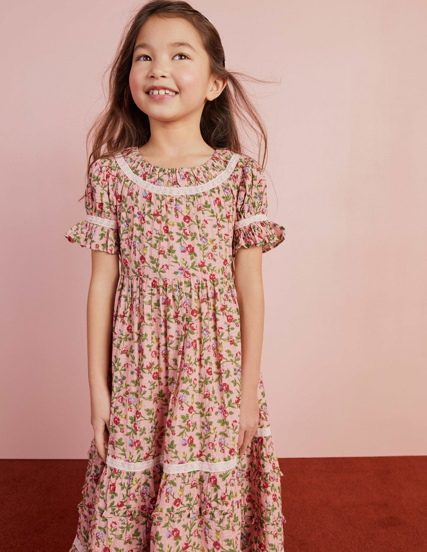 Printed Lace Trim Party Dress-Rambling Rose Pink