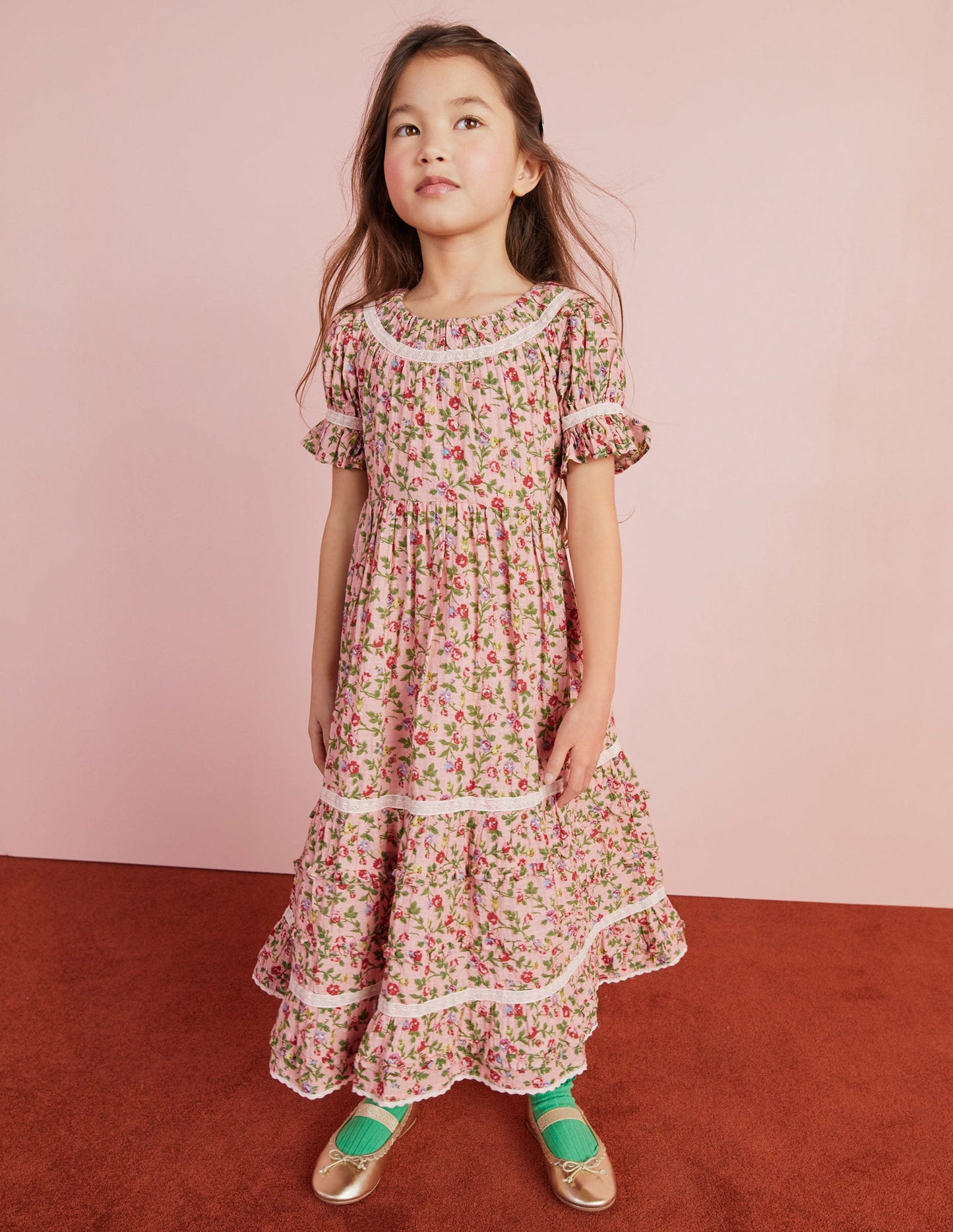 Printed Lace Trim Party Dress-Rambling Rose Pink