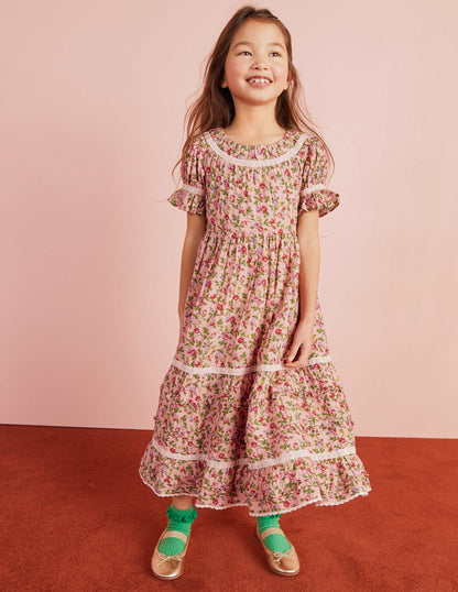 Printed Lace Trim Party Dress-Rambling Rose Pink