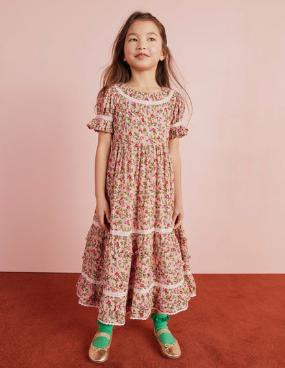 Printed Lace Trim Party Dress-Rambling Rose Pink