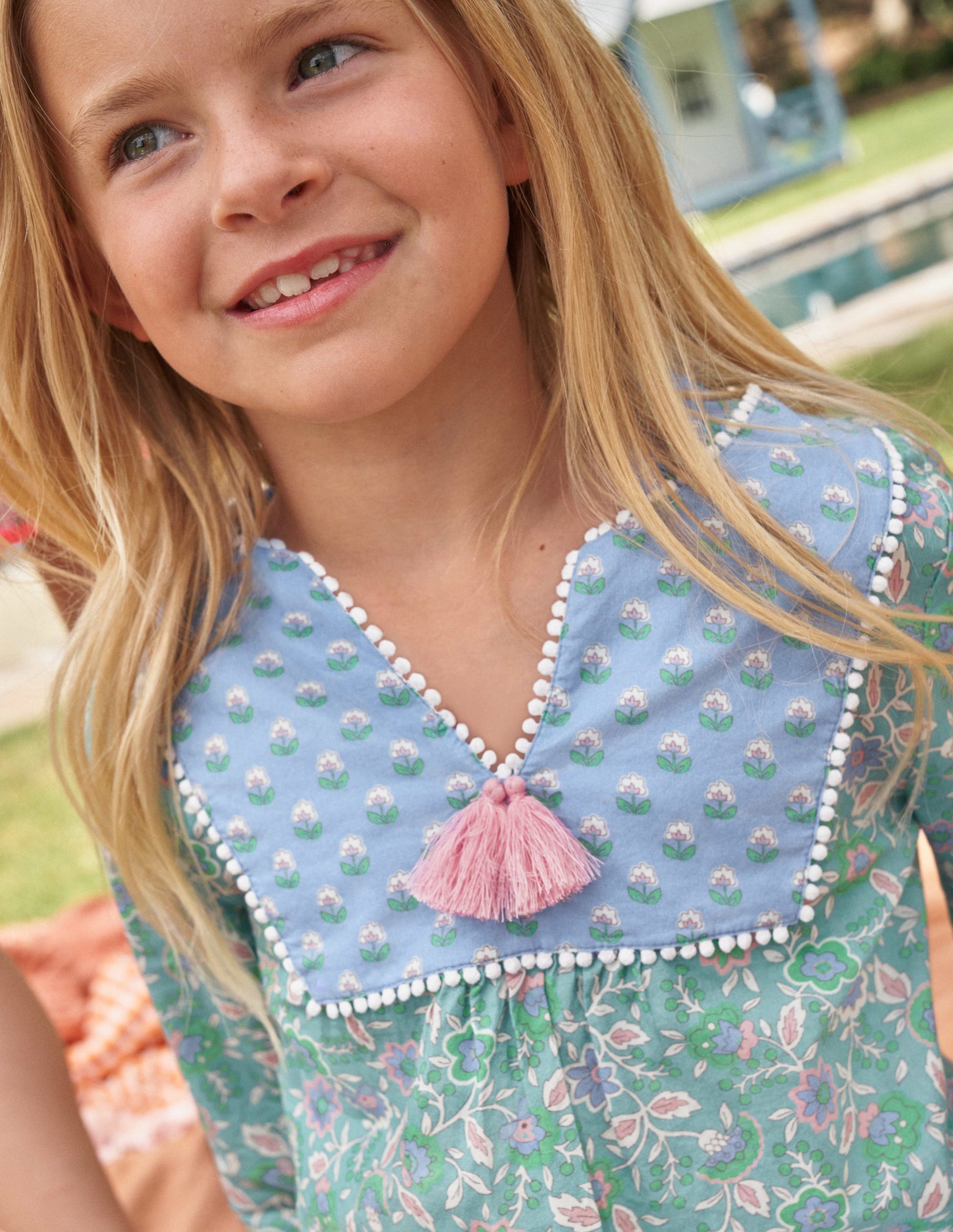 Langärmliger Kaftan mit Muster-Wasserblau, Blumenranken-5