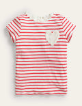 T-Shirt mit Lochstickereitasche-Erdbeerkuchenrot/Naturweiß