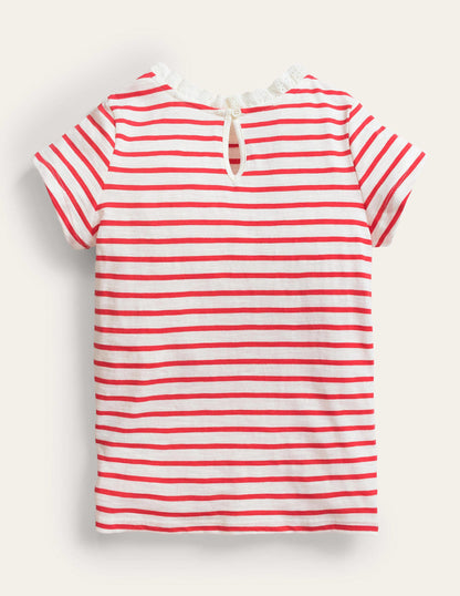 T-Shirt mit Lochstickereitasche-Erdbeerkuchenrot/Naturweiß-2