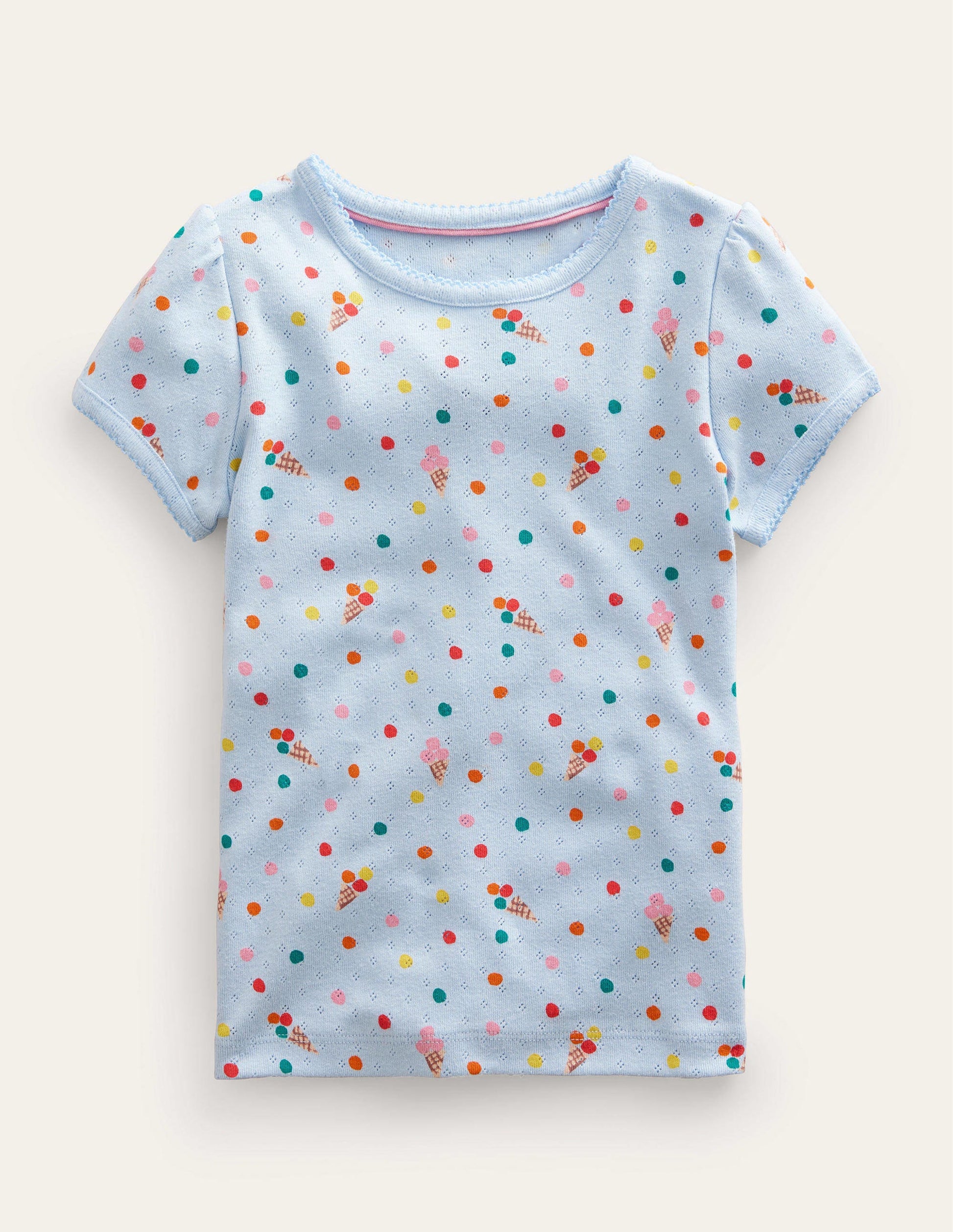 Top manches courtes en pointelle-Bleu, motif glaces-1