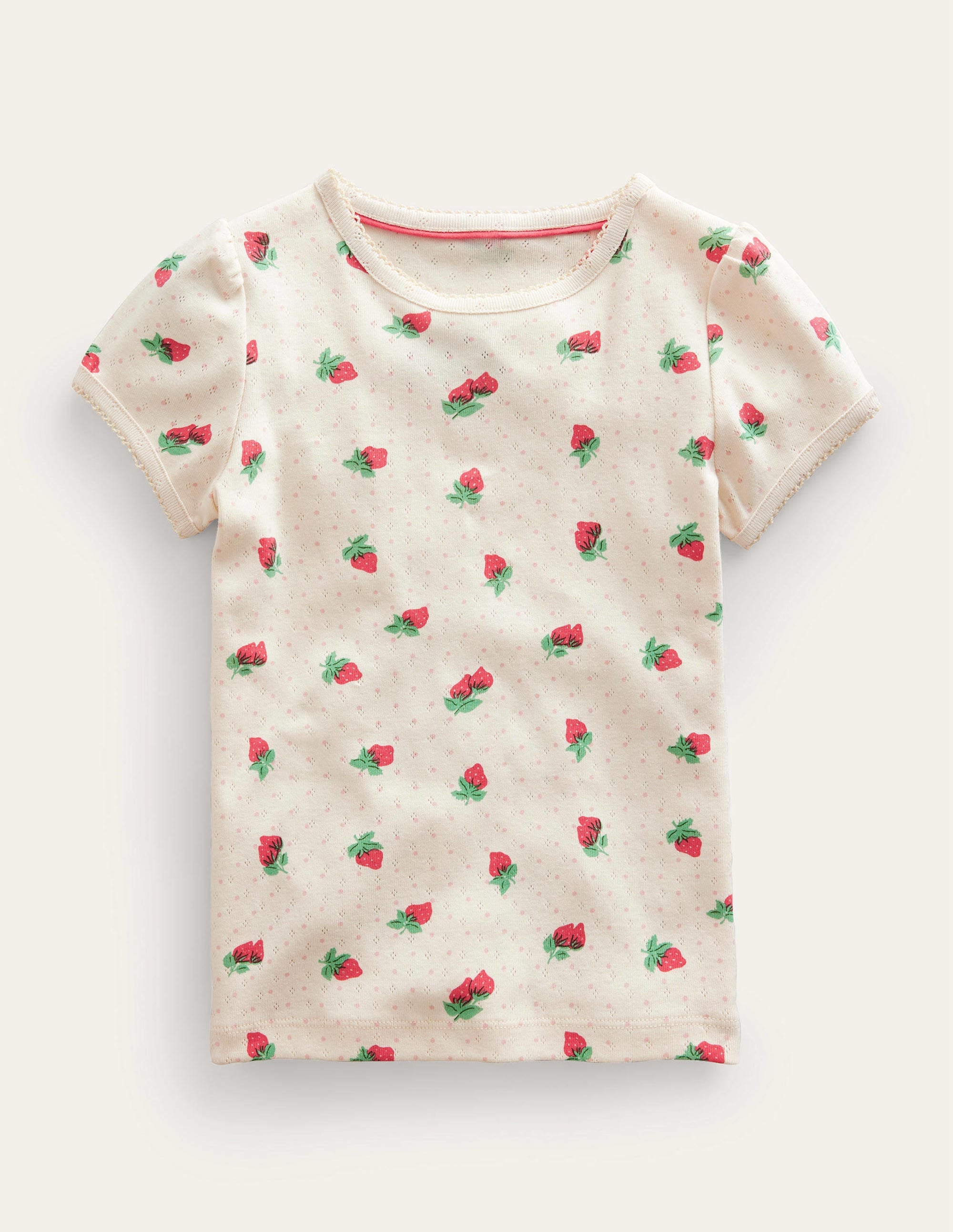 Kurzärmliges Pointelle-Oberteil-Naturweiß, Erdbeeren - Image 1