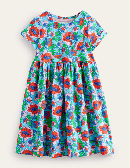 Fröhliches Jerseykleid-Meerblau, Mohnblumen-1