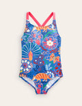 Cross-back Printed Swimsuit-Blue Leopard Safari