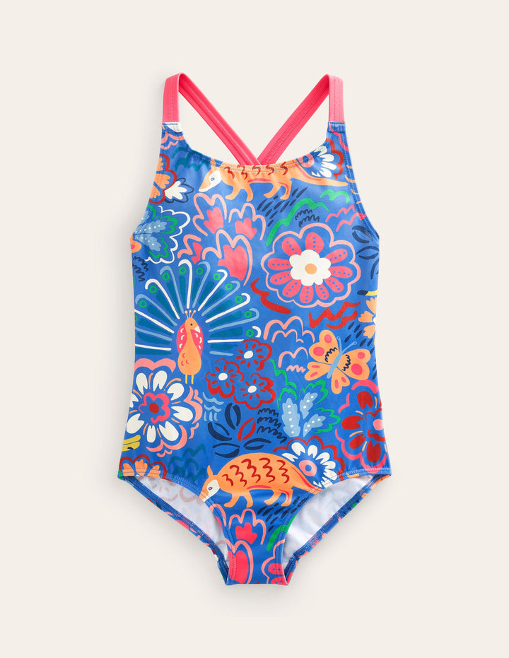 Cross-back Printed Swimsuit-Blue Leopard Safari