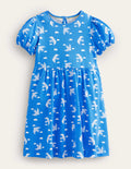 Kleid mit Puffärmeln-Blau, Vögel
