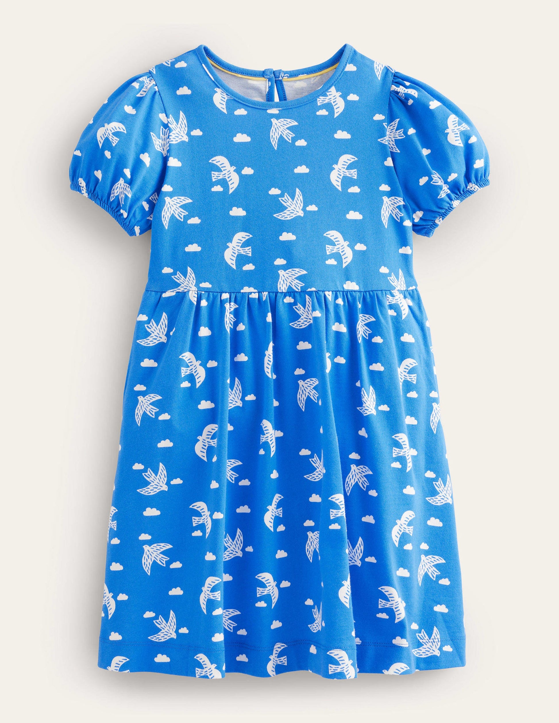 Kleid mit Puffärmeln-Blau, Vögel-1