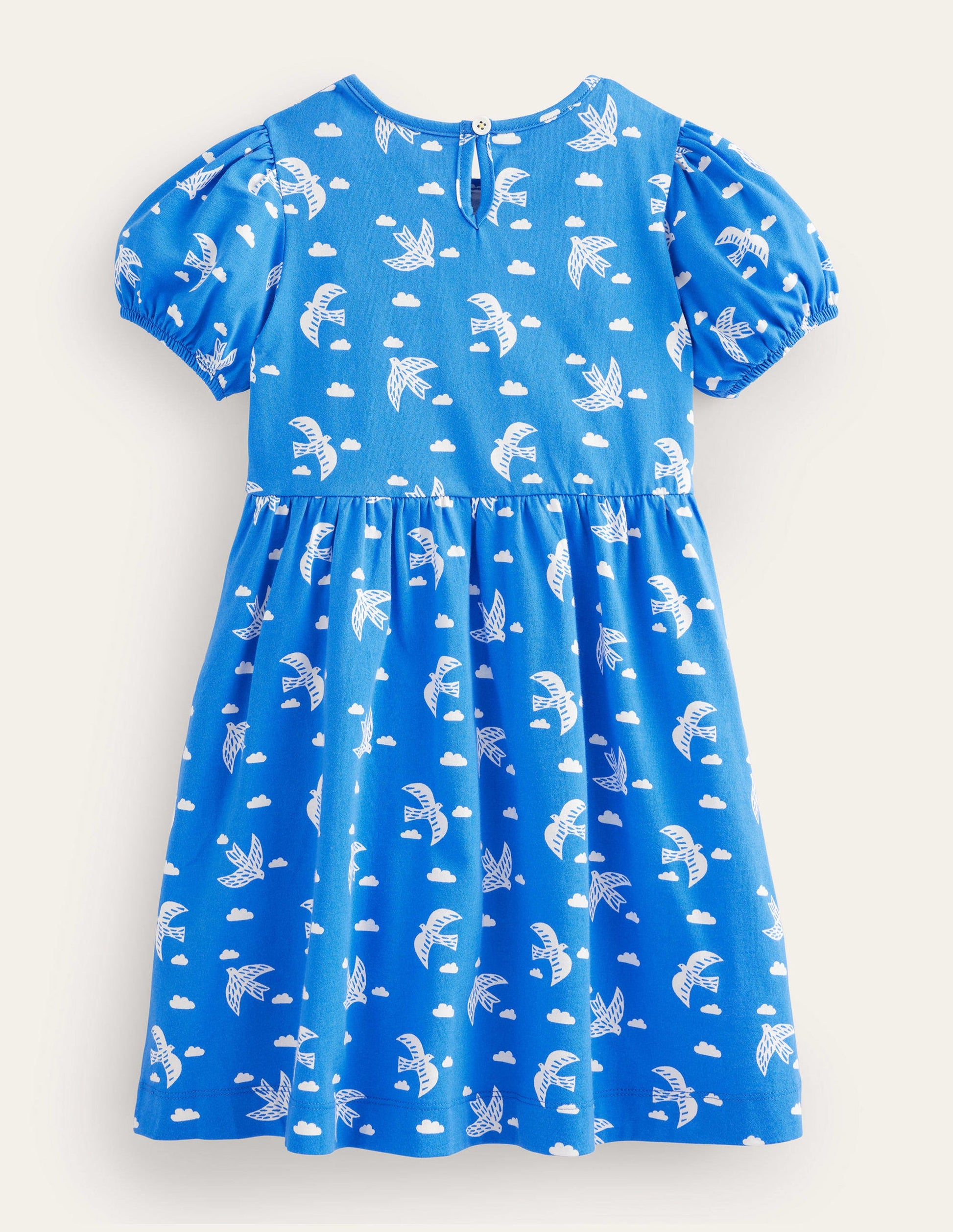 Kleid mit Puffärmeln-Blau, Vögel-2