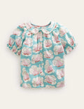 Short Puff Sleeve Top-Aqua Boat Print