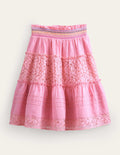 Jupe midi à smocks et volants-Rose formica
