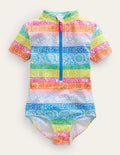 Maillot de bain à manches courtes-Ivoire, rayé papier-peint multicolore