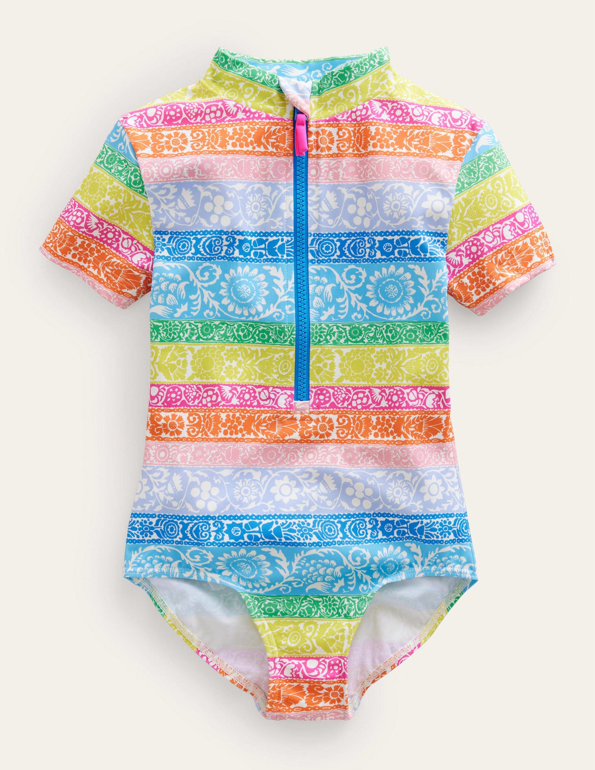 Maillot de bain à manches courtes-Ivoire, rayé papier-peint multicolore-1