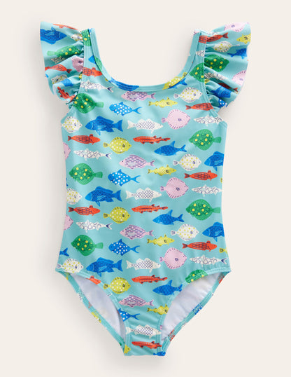 Badeanzug mit Flatterärmeln-Meerblau/Bunt, Fische-1