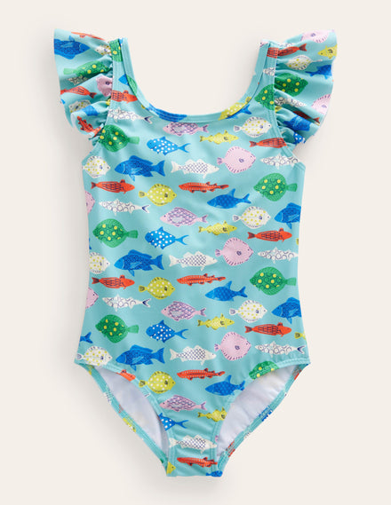 Badeanzug mit Flatterärmeln-Meerblau/Bunt, Fische