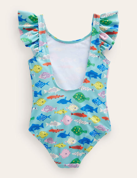 Badeanzug mit Flatterärmeln-Meerblau/Bunt, Fische