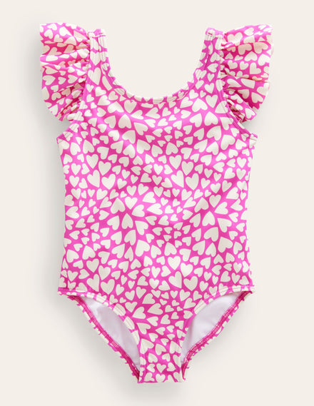 Badeanzug mit Flatterärmeln-Naturweiß/Knallpink, Herzen