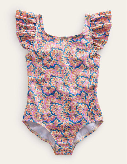 Badeanzug mit Flatterärmeln-Lila/Pfirsichsorbet, Paisleymuster