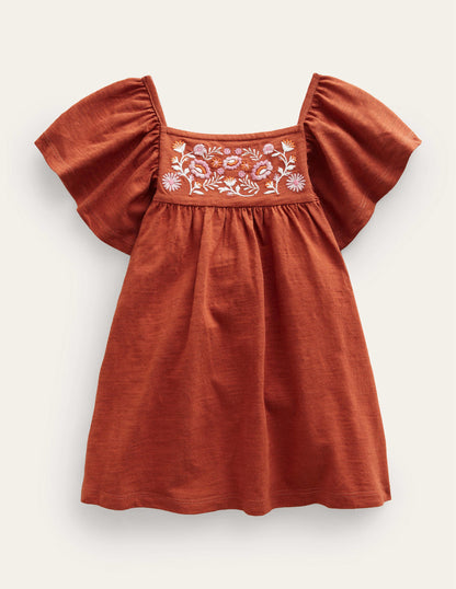 Embroidered Jersey Top-Roasted Chestnut Brown