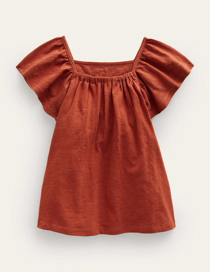 Embroidered Jersey Top-Roasted Chestnut Brown