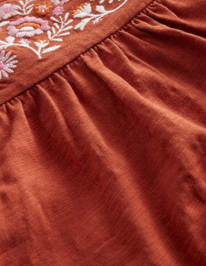 Embroidered Jersey Top-Roasted Chestnut Brown