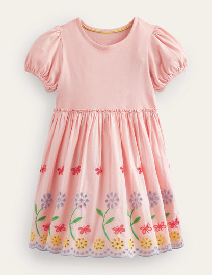 Ausgestelltes Kleid mit Lochstickerei-Blassrosa