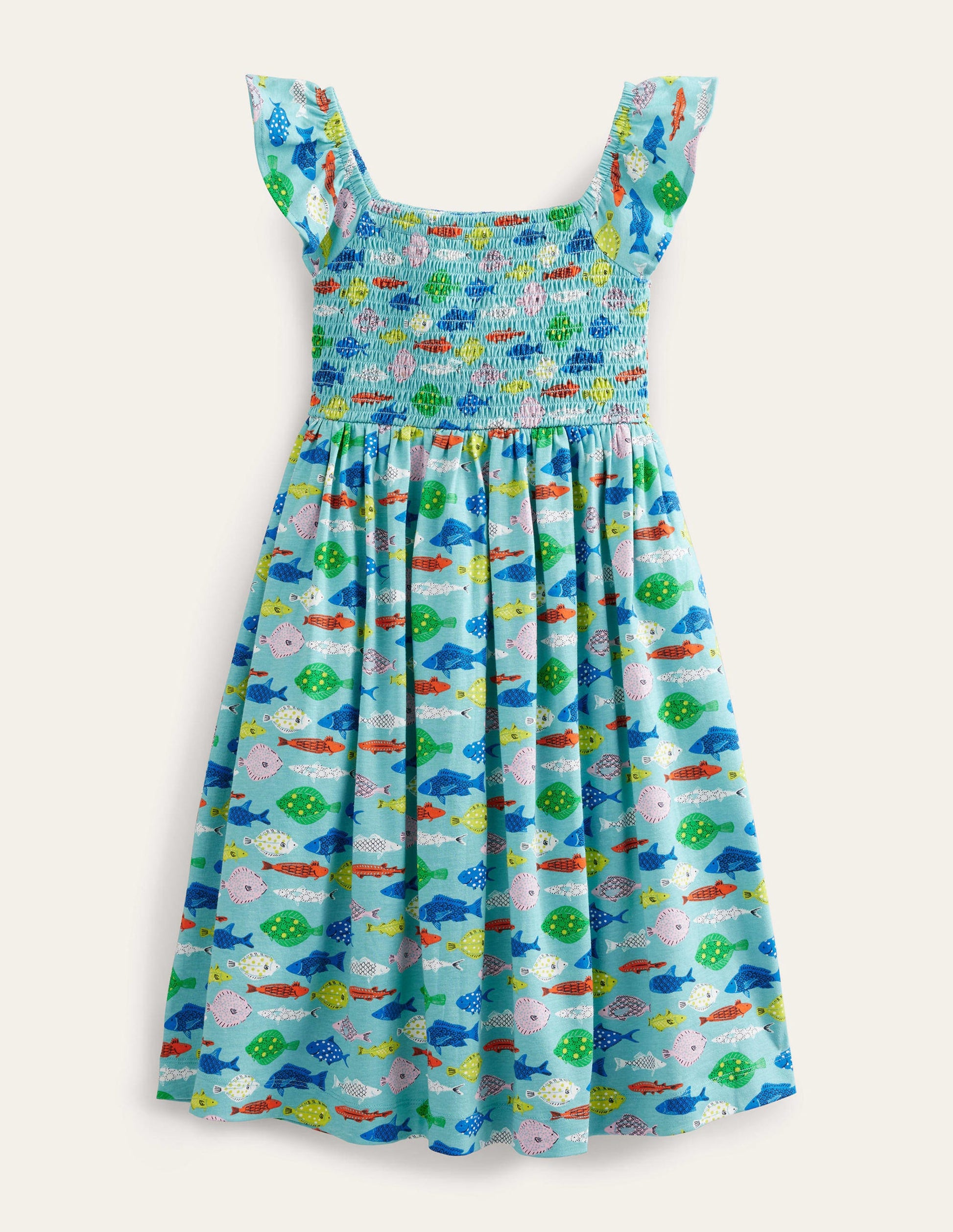 Gerafftes Jerseykleid-Meerblau, Fische-1
