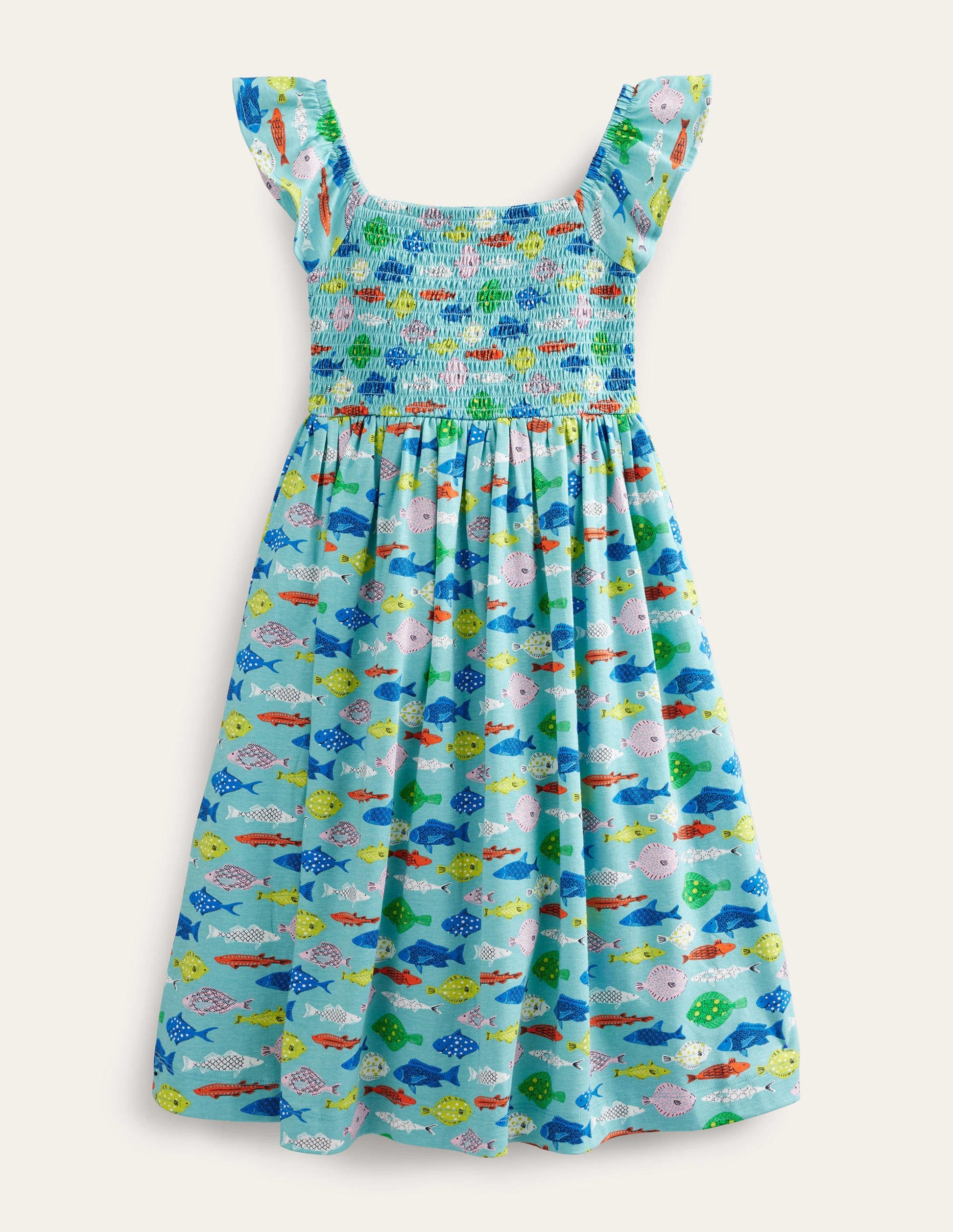 Gerafftes Jerseykleid-Meerblau, Fische-2