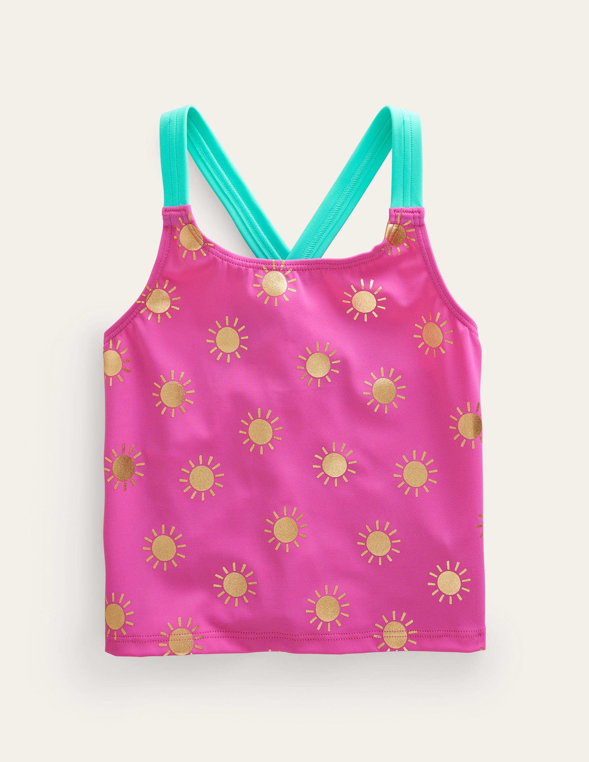 Haut de tankini à dos croisé-Rose bonheur/soleils métallisés dorés-1