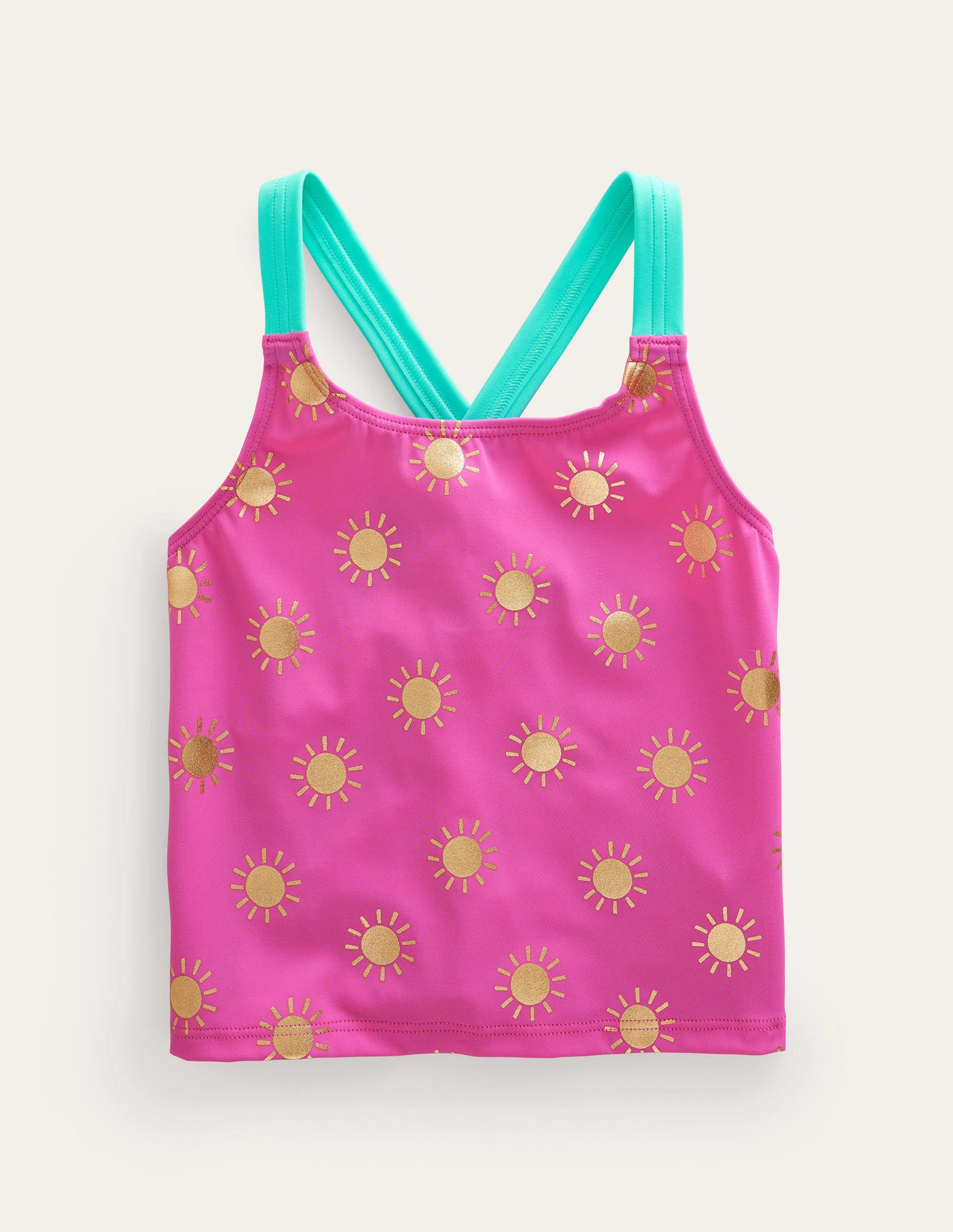 Haut de tankini à dos croisé-Rose bonheur/soleils métallisés dorés - Image 1