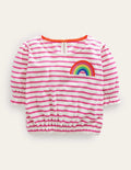 Embroidered Towelling Top-Tickled Pink/Ivory Rainbow