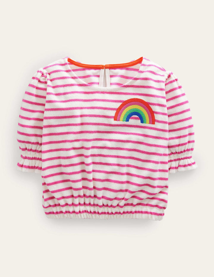 Embroidered Towelling Top-Tickled Pink/Ivory Rainbow