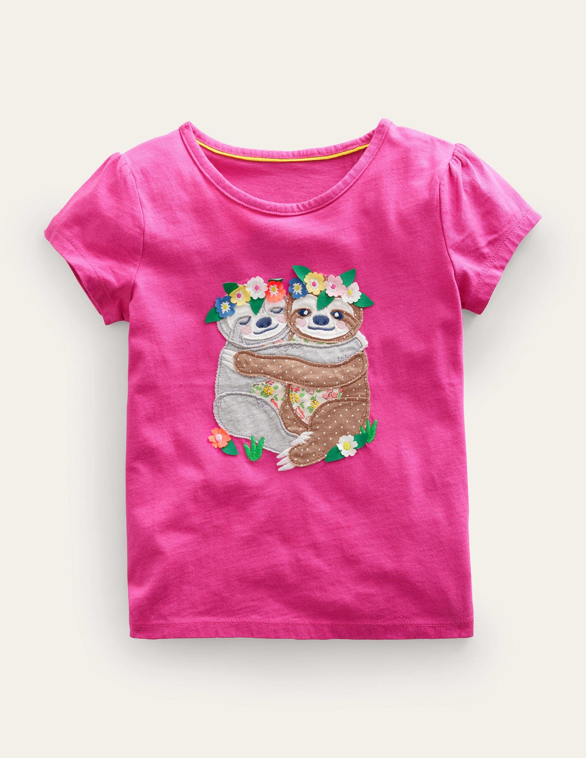T-Shirt mit Puffärmeln und Applikation-Rosarot, Faultiere-1