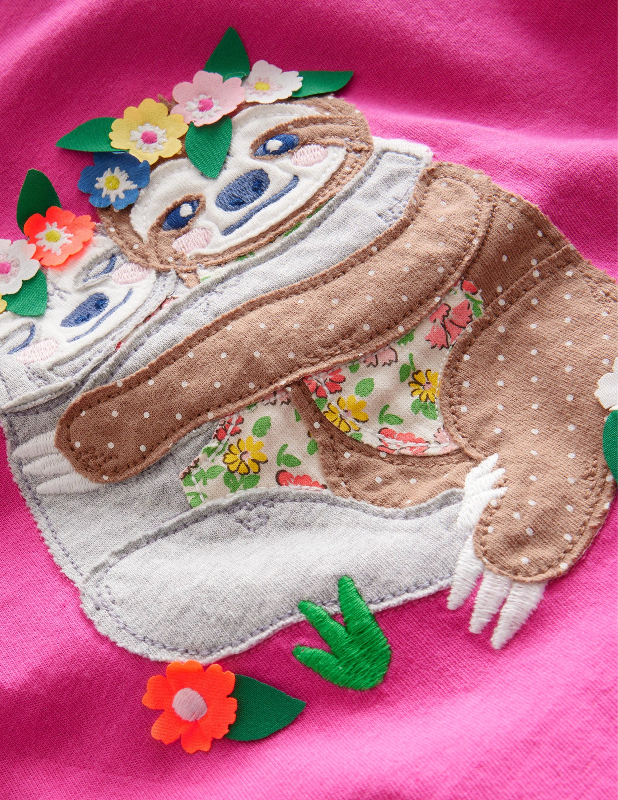 T-Shirt mit Puffärmeln und Applikation-Rosarot, Faultiere - Image 3