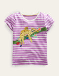 T-Shirt mit Puffärmeln und Applikation-Lila/Naturweiß, Leoparden