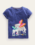 T-Shirt mit Puffärmeln und Applikation-Sanftes Segelblau, Einhörner