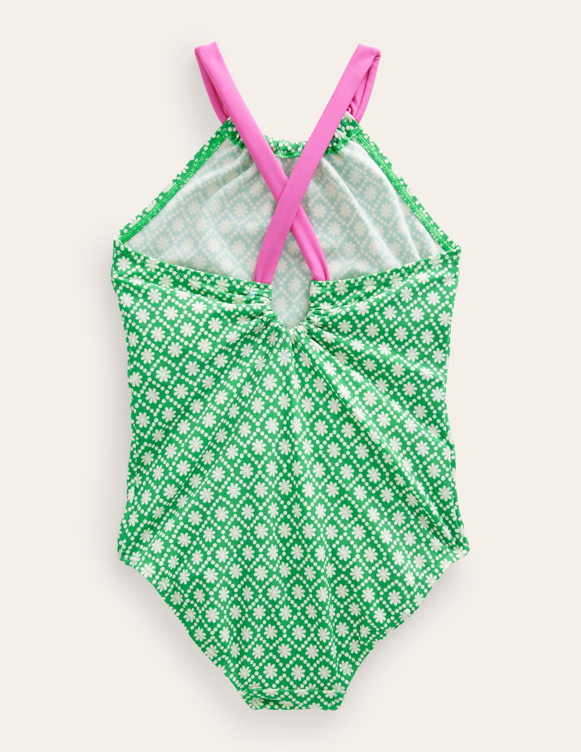 Maillot de bain échancré dans le dos-Pois pâquerette vert école ivoire-2