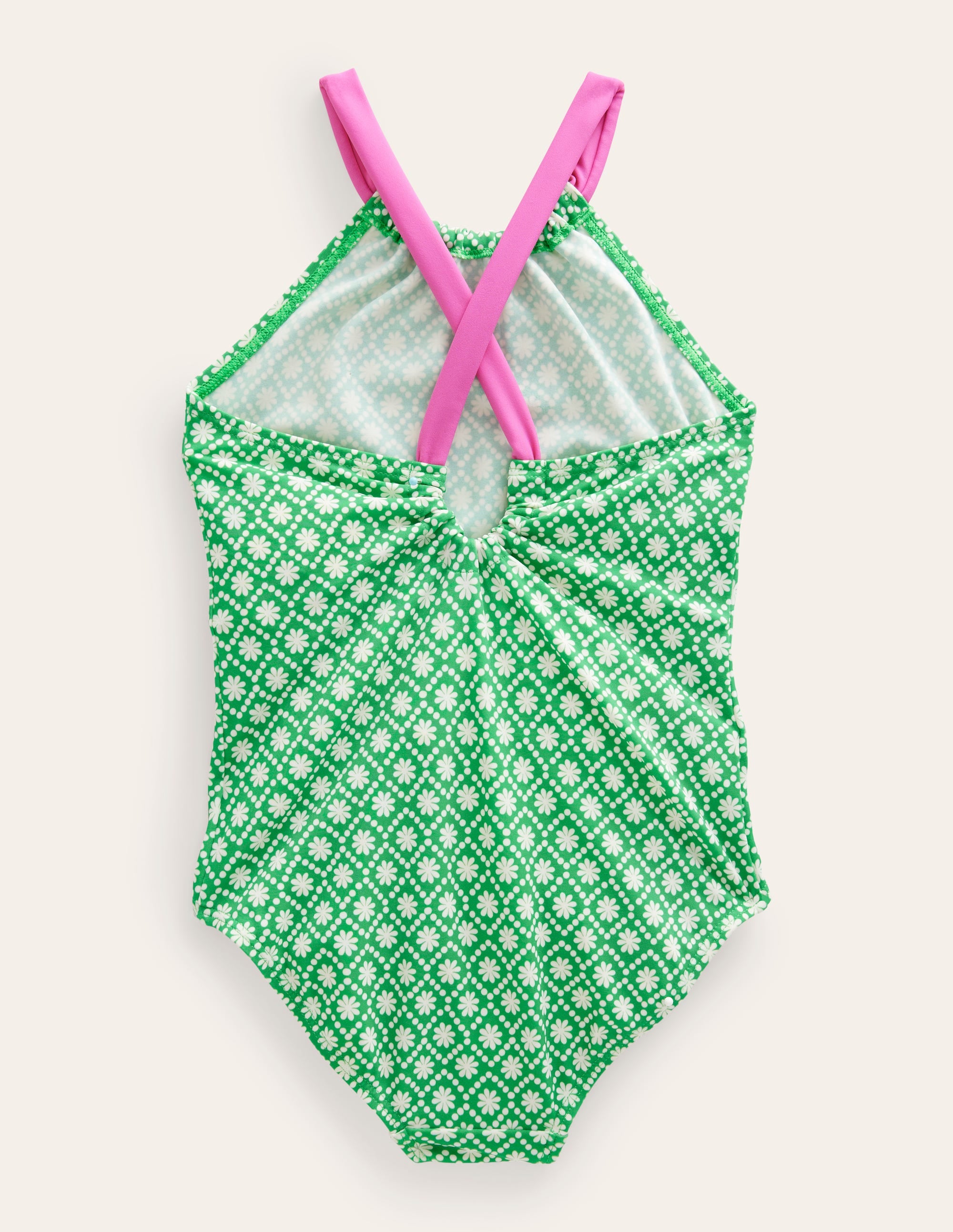 Maillot de bain échancré dans le dos-Pois pâquerette vert école ivoire - Image 2