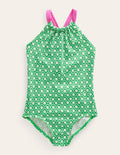 Maillot de bain échancré dans le dos-Pois pâquerette vert école ivoire
