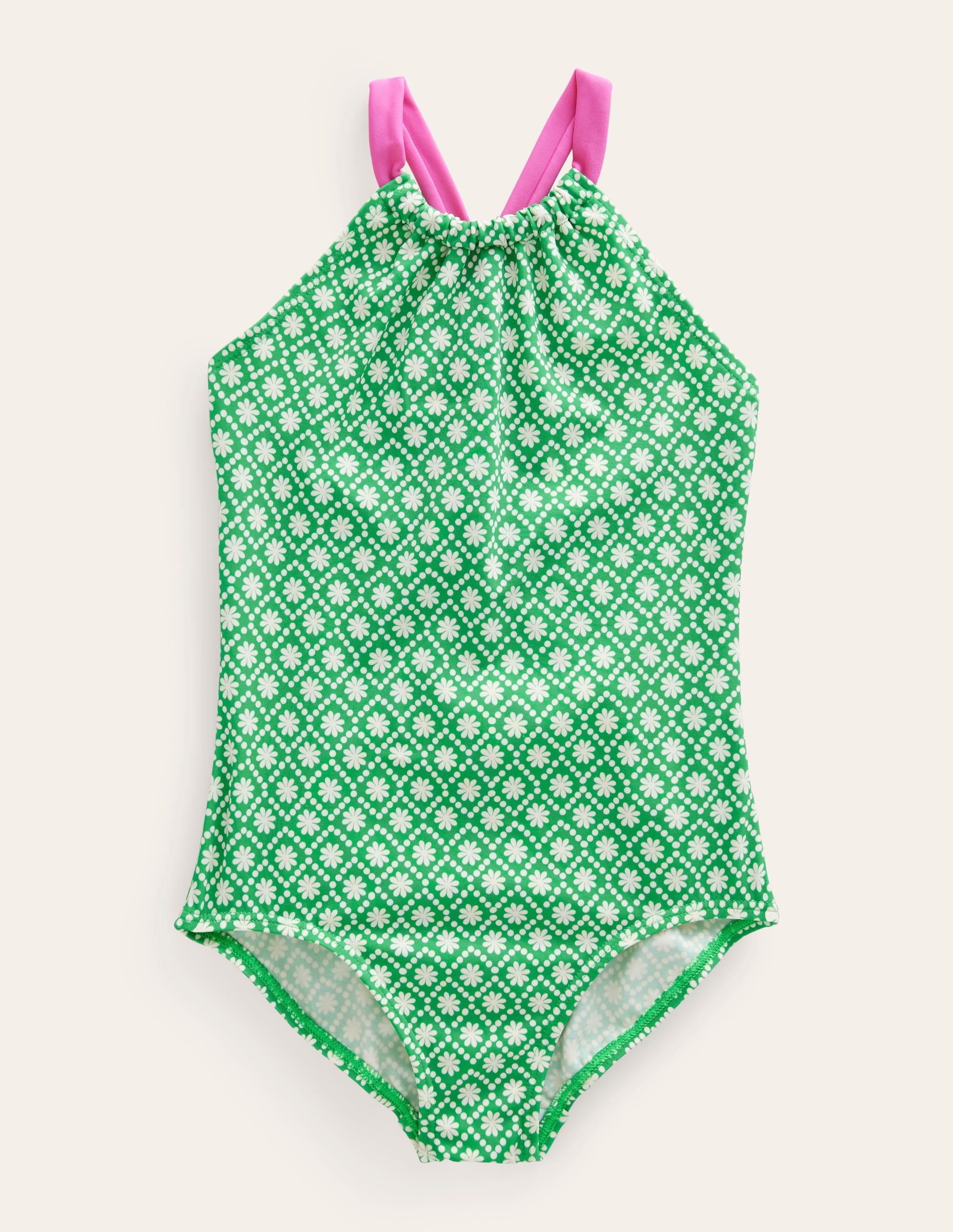 Maillot de bain échancré dans le dos-Pois pâquerette vert école ivoire - Image 1