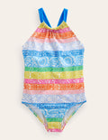 Maillot de bain échancré dans le dos-Ivoire, rayé papier-peint multi