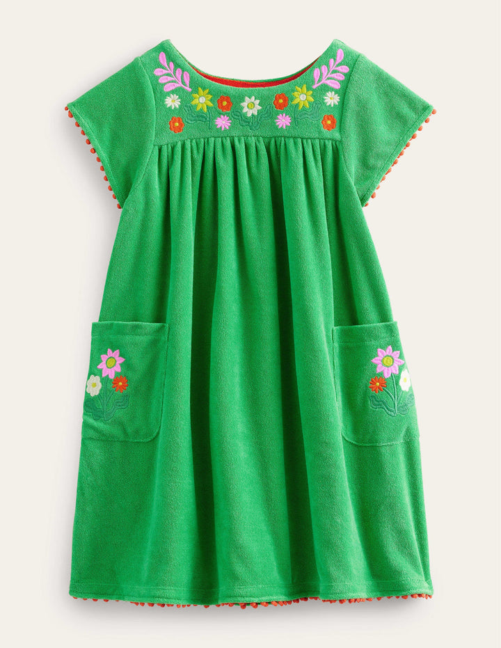 Embroidered Towelling Dress-Aloe Green Flowers