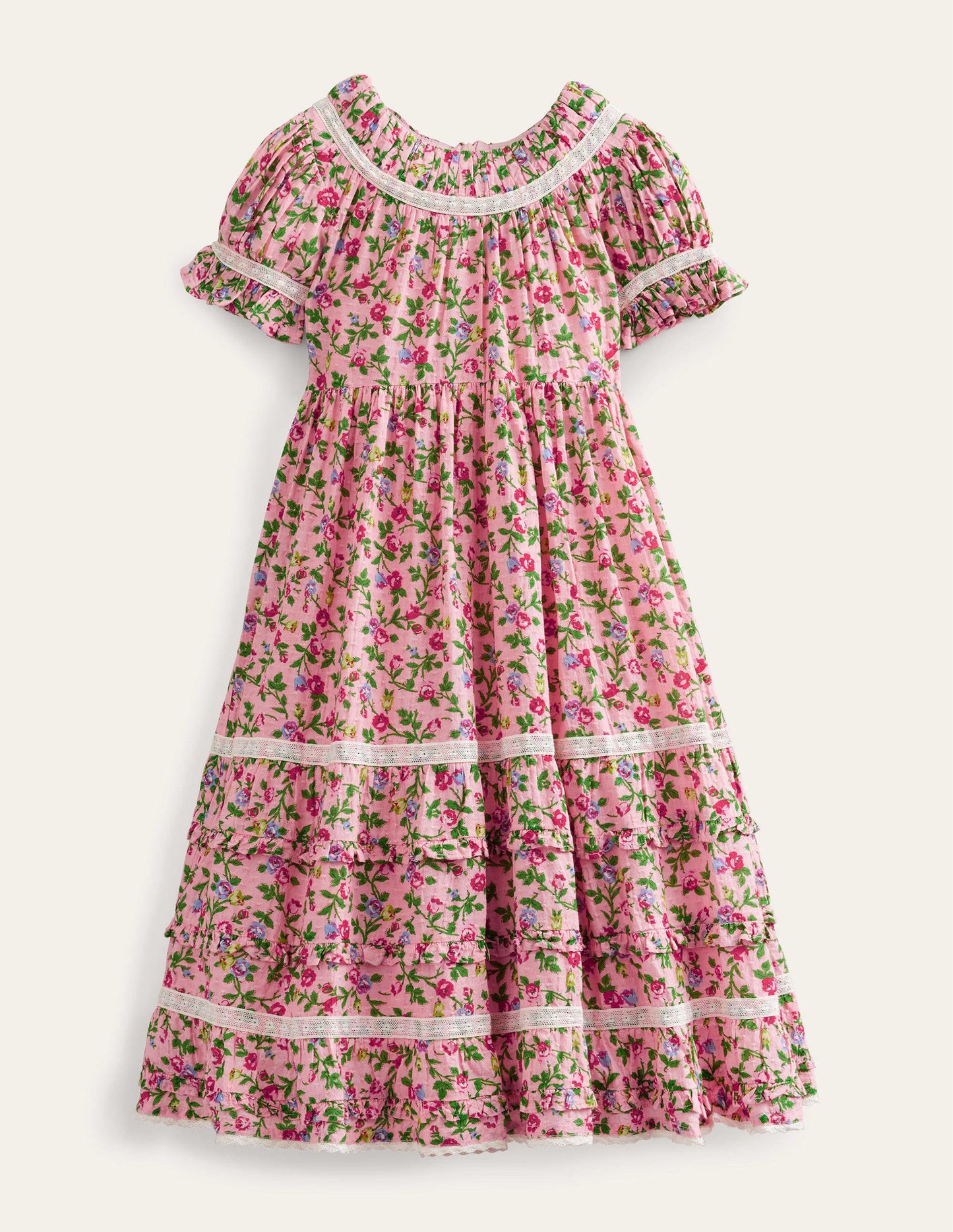 Printed Lace Trim Party Dress-Rambling Rose Pink