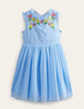 Besticktes Kleid mit überkreuzten Trägern-Hellblau