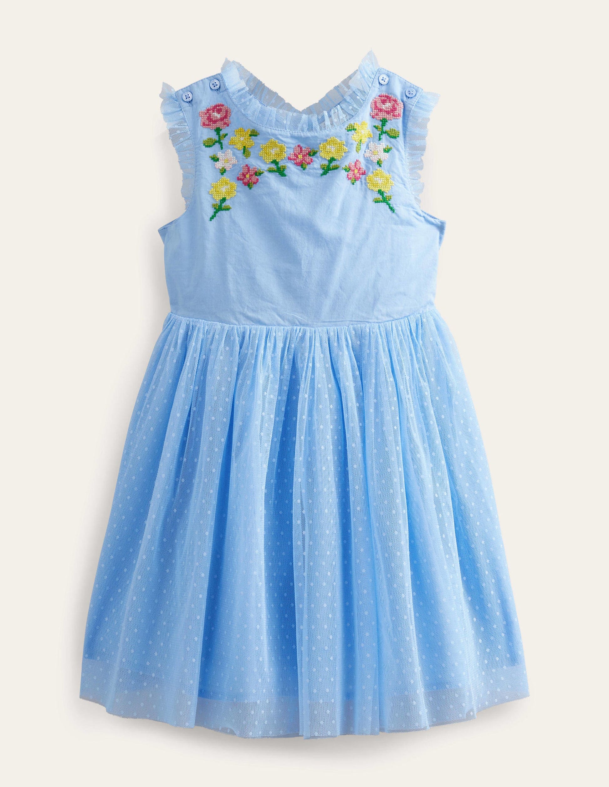 Besticktes Kleid mit überkreuzten Trägern-Hellblau-1